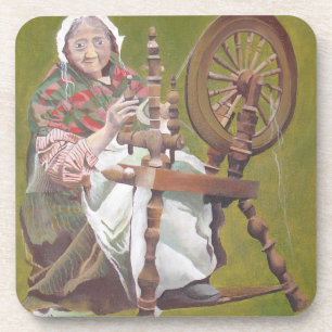 Ältere irische Frauenkraftlerin an einem Spinnrad Getränkeuntersetzer