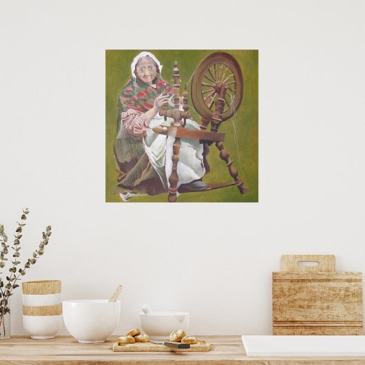 Ältere irische Frauenkraftlerin an einem Spinnrad Poster (Küche)