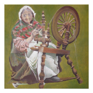 Ältere irische Frauenkraftlerin an einem Spinnrad Poster