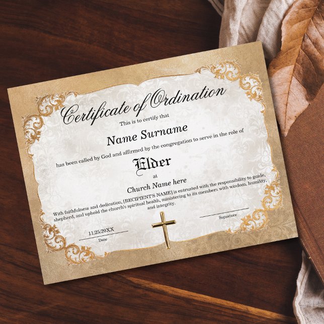 Ältere Kirchenurkunde (golden floral frame vintage feel elder church certificate)