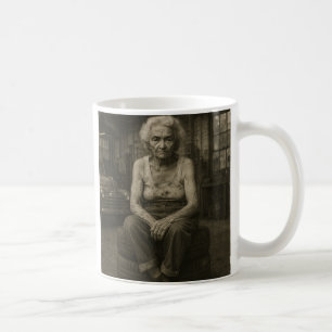 Ältere Maschinenfrau in den 1950ern. Kaffeetasse