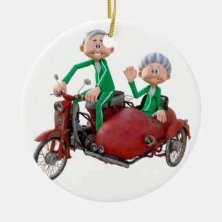 Ältere Paare auf einem Moped mit Beiwagen Keramik Ornament