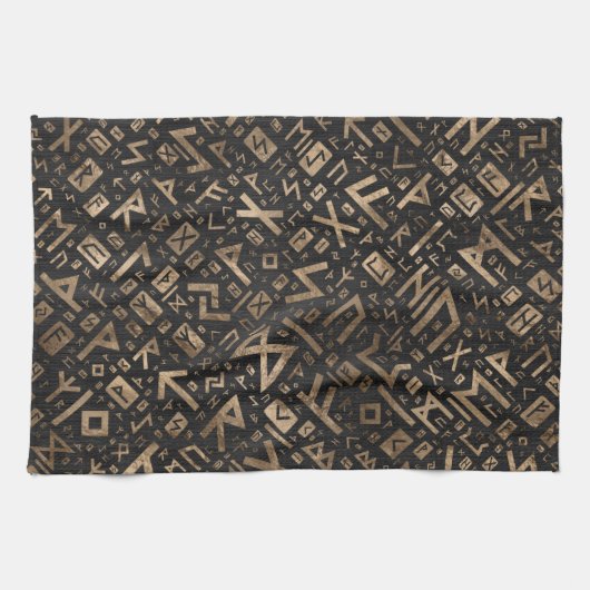 Ältere Runen - Futhark Muster-Gold auf schwarzem Geschirrtuch (Horizontal)