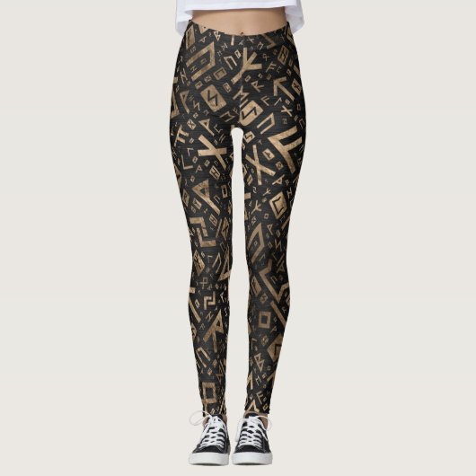 Ältere Runen - Futhark Muster-Gold auf schwarzem Leggings (Vorderseite)