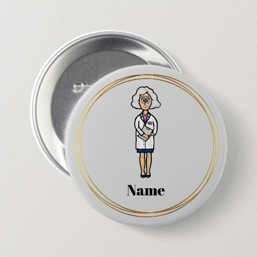Ältere weibliche Ärztin mit der Schaltfläche "Grau Button (Vorne & Hinten)
