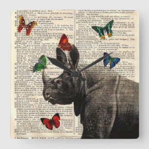 Altered Art Rhinoceros Butterflies Wall Clock Quadratische Wanduhr