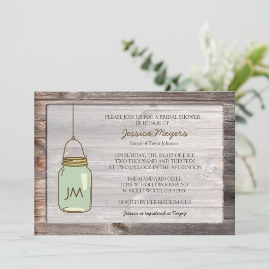 Älteres Holz mit Mason Jar Brautparty Einladung (Stehend Vorderseite)