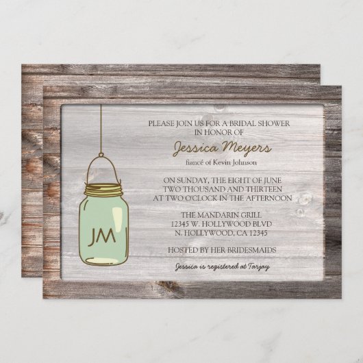 Älteres Holz mit Mason Jar Brautparty Einladung (Vorne/Hinten)