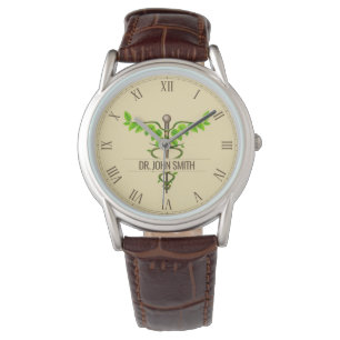 Alternative medizinische Caduceus grüne Blätter Be Armbanduhr