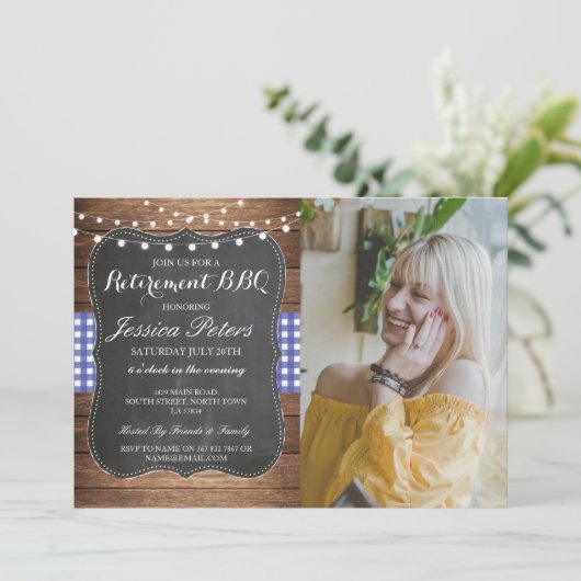 Altersversorgung GRILLEN Party Blue Karo Rustikale Einladung (Stehend Vorderseite)