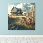 Altes abgebrochenes rotes Dreirad Leinwanddruck (Insitu (Holzboden))