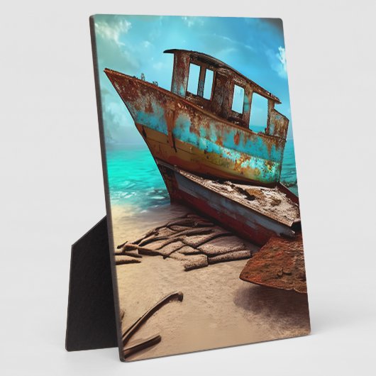 Altes, altes Schiff auf einem Sandstrand Fotoplatte (Seite)