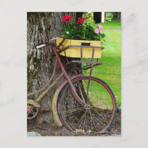 Altes antikes Fahrrad mit Blumenkorb Postkarte