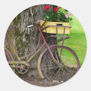 Altes antikes Fahrrad mit Blumenkorb Runder Aufkleber