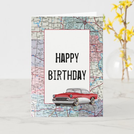 Altes Auto auf der Karte Geburtstag (Gelbe Blume)