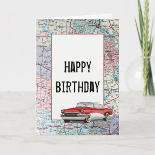 Altes Auto auf der Straßenkarte zum Geburtstag Karte