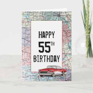Altes Auto auf Straßenkarte 55. Geburtstag Karte