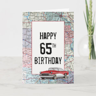 Altes Auto auf Straßenkarte 65. Geburtstag Karte
