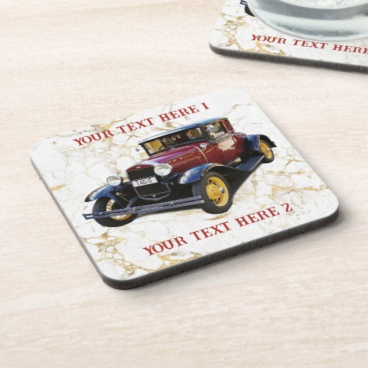 Altes Auto auf weißem und goldenem Marmor, Ihr Tex Getränkeuntersetzer (Linke Seite)