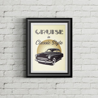 Altes Auto mit retro gestalteten Texten. Poster