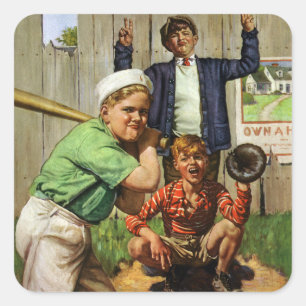Altes Baseballspiel, Kinder Jungen Sportler Quadratischer Aufkleber