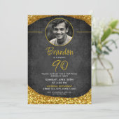 Altes Black & Gold Vintages Foto 90. Geburtstag Einladung (Stehend Vorderseite)