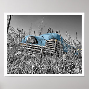 Altes blaues Auto im Grasfeld Poster