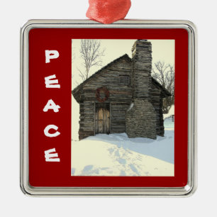 "ALTES BLOCKHAUS IM SCHNEE" WEIHNACHTSverzierung Silbernes Ornament