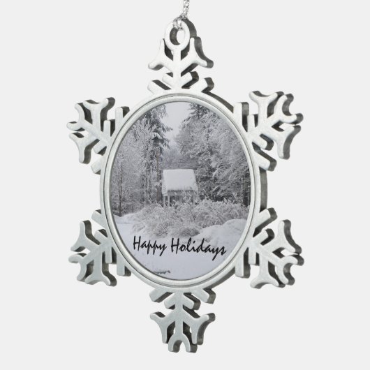 Altes Brunnenhaus zu Weihnachten Schneeflocken Zinn-Ornament (Rechts)