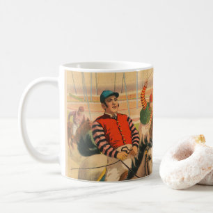 Altes deutsches Zirkusplakat mit Jockeys auf Pferd Kaffeetasse
