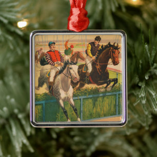 Altes deutsches Zirkusplakat mit Jockeys auf Pferd Ornament Aus Metall