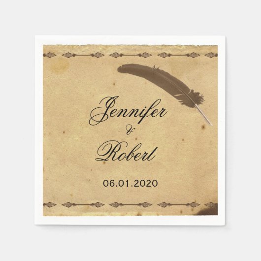 Altes elegantes Parchment mit Quill Weddin Serviette (Vorderseite)