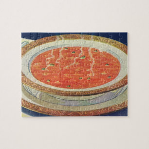 Altes Essen, heiße Schüssel Tomatensuppe mit Erbse Puzzle