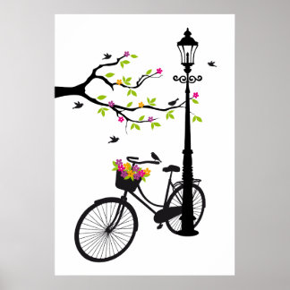 Altes Fahrrad mit Lampe, Blume Korb, Vögel, Baum Poster