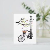 Altes Fahrrad mit Lampe, Blume Korb, Vögel, Baum Postkarte (Stehend Vorderseite)