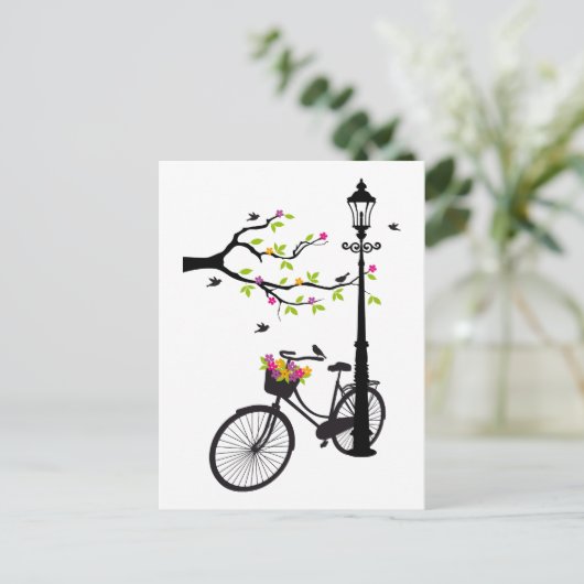 Altes Fahrrad mit Lampe, Blume Korb, Vögel, Baum Postkarte (Stehend Vorderseite)