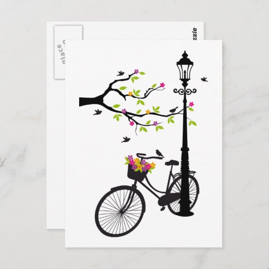 Altes Fahrrad mit Lampe, Blume Korb, Vögel, Baum Postkarte (Vorne/Hinten)