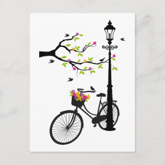 Altes Fahrrad mit Lampe, Blume Korb, Vögel, Baum Postkarte
