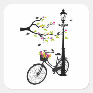 Altes Fahrrad mit Lampe, Blume Korb, Vögel, Baum Quadratischer Aufkleber