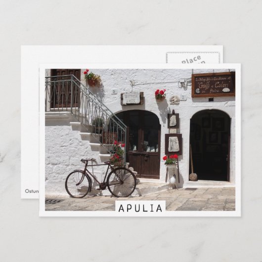 Altes Fahrrad und Schaufenster in Apulien Postkarte (Vorne/Hinten)
