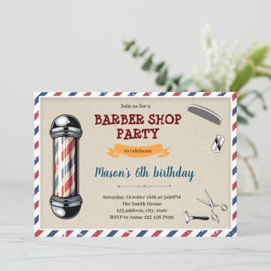 Altes Friseur Geburtstagsthema Einladung (Stehend Vorderseite)