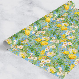 Altes gelbes Rosen-Wrap-Papier auf himmelblauem Hi Geschenkpapier