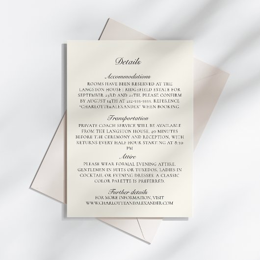 Altes Geld, Elfenbein - Details zur Hochzeit Begleitkarte