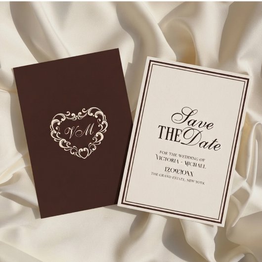 Altes Geld Elfenbein- und Espresso-Braun Fancy-Hoc Save The Date