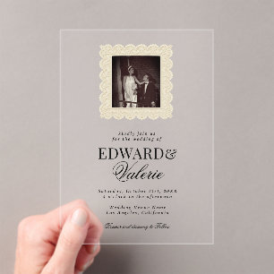 Altes Geld Foto Vintage-Spitze Hochzeit Acryleinladungen