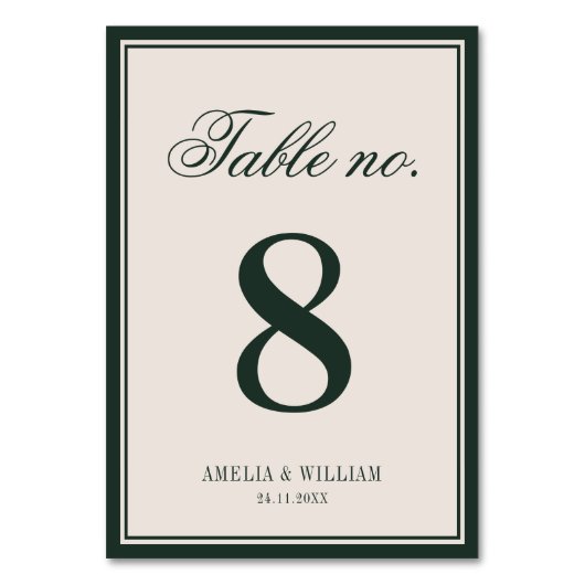 Altes Geld Klassisch Zeitlos Smaragdgrüne Hochzeit Tischnummer (Vorderseite)