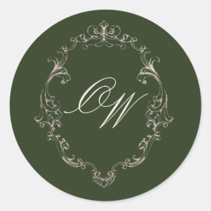 Altes Geld Olivgrün Elegante Monogramm-Hochzeit Runder Aufkleber
