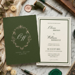 Altes Geld Olivgrün Elegantes Monogramm Hochzeit Einladung