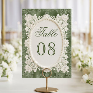 Altes Geld Olivgrün Elfenbein Häkelspitze Hochzeit Tischnummer