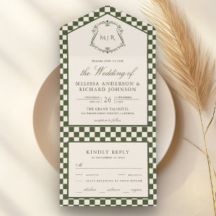 Altes Geld Olivgrün Kariert Monogramm Hochzeit All In One Einladung